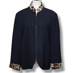 VINCI CLOTHIERS | BLACK AND LEOPARD PRINT SLIT ZIPPER JACKET